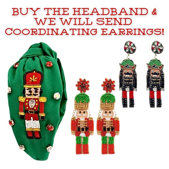 Christmas Nutcracker Theme Beaded Rhinestone Headband & Earrings GIFT SET NEW - Picture 2 of 6